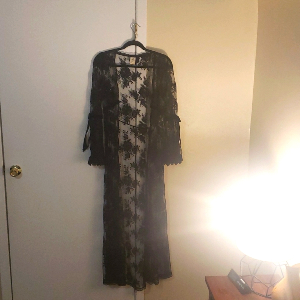 Long lace lingerie kimono black small